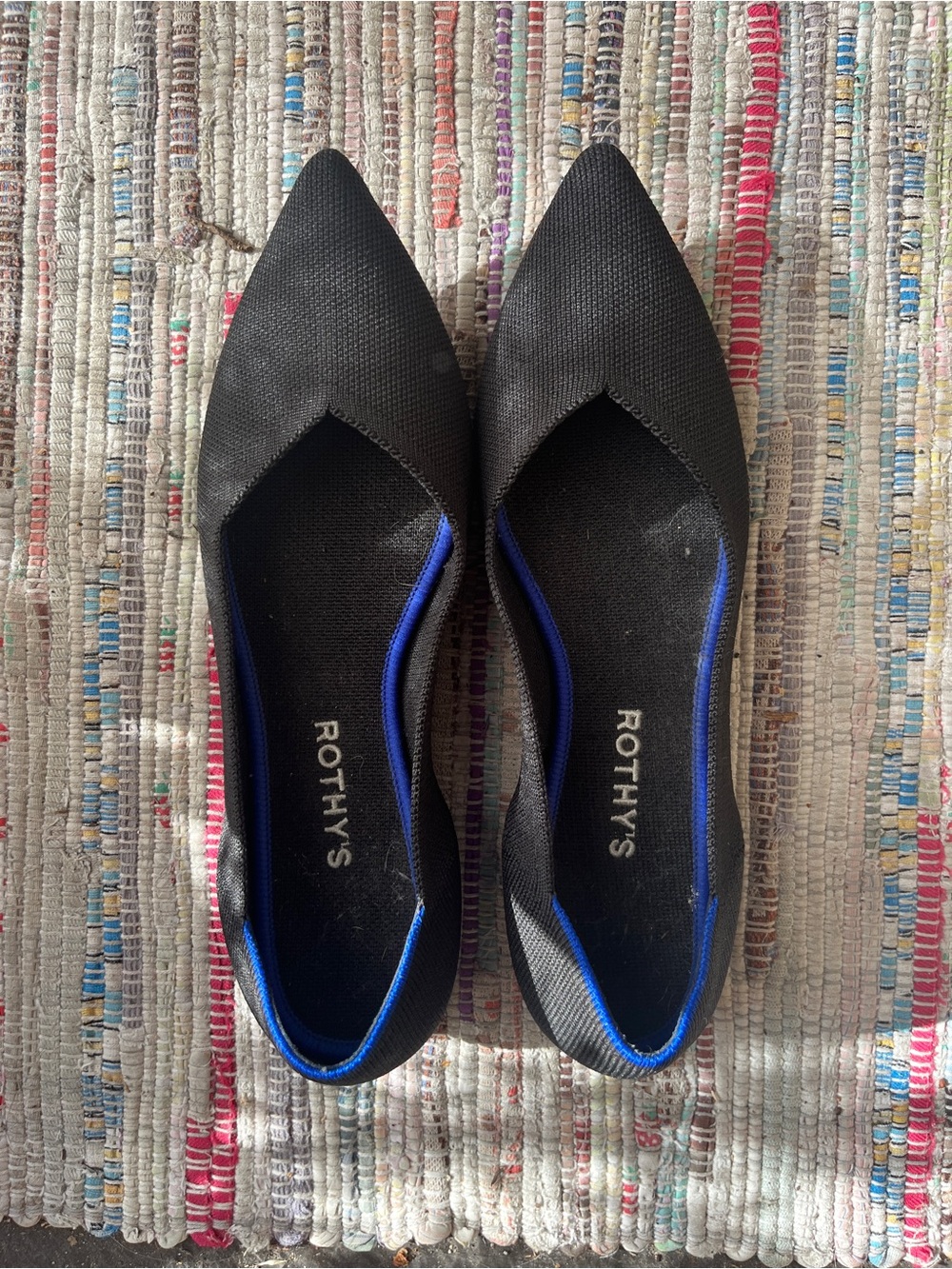 Rothy's Black Pointed-Toe Flats with Blue Trim
